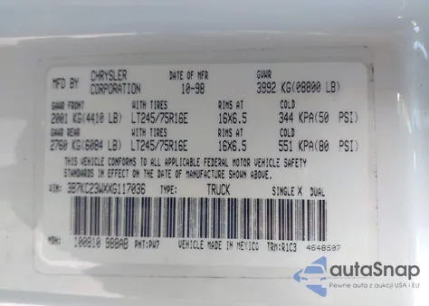 1999 Dodge Ram 2500 St из США, поврежденный, VIN 3B7KC23WXXG117036